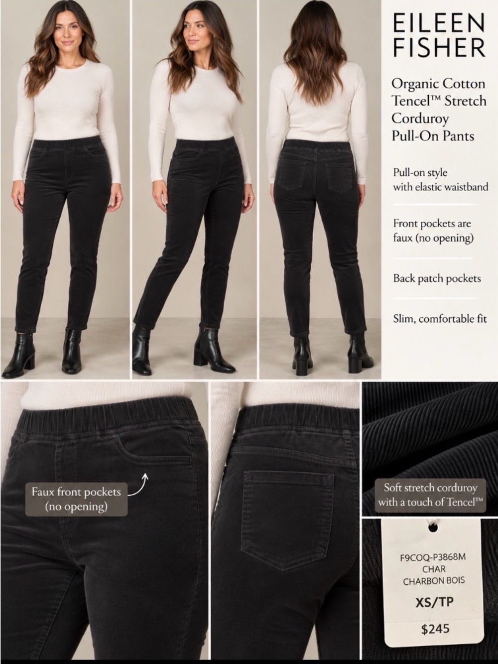 Eileen Fisher Organic Cotton Tencel Corduroy Pull-On Pants XS NWT